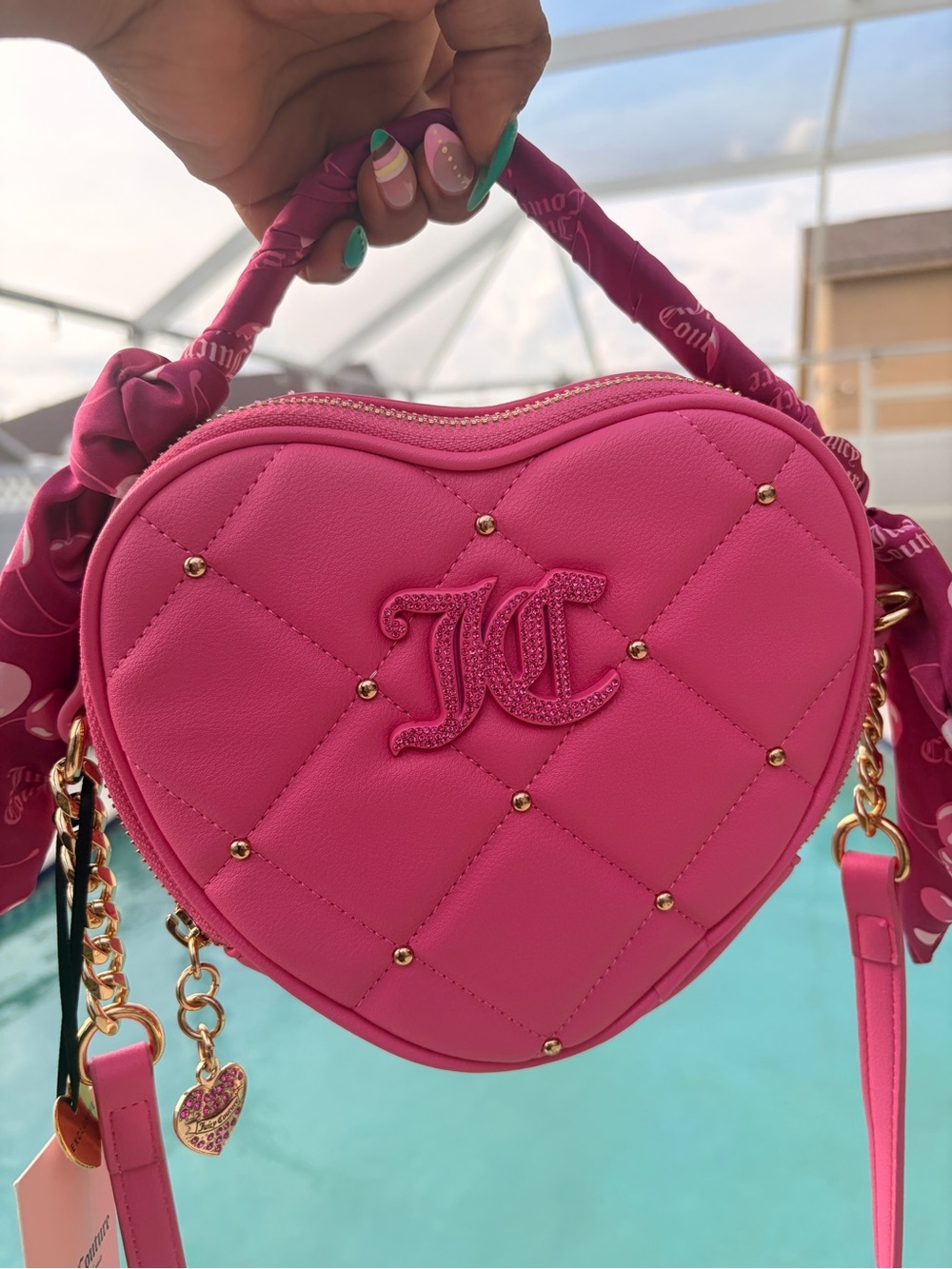 Juicy Couture Fuchsia Heart Quilted Rhinestone Mini Bag with Scarf-NWT - Picture 3 of 13